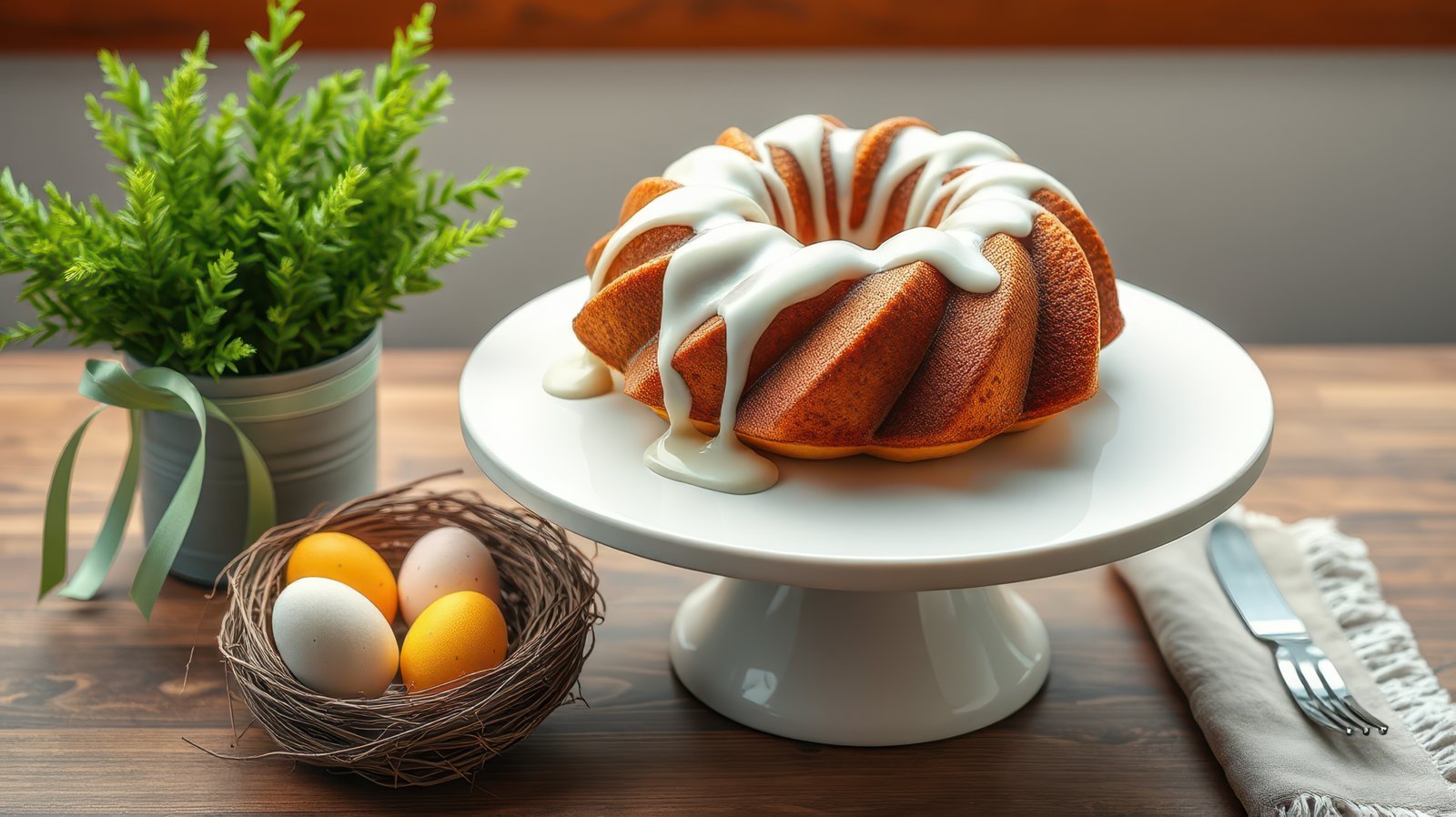 Delicious bundt cake topped with glaze sits on a white pedestal near decorated eggs and a potted plant